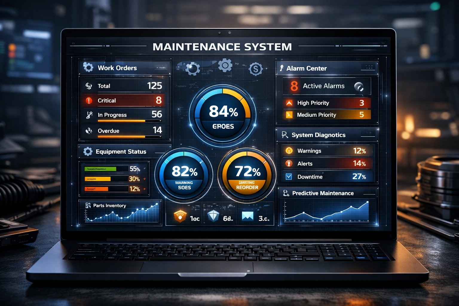Maintenance and asset management dashboard on laptop